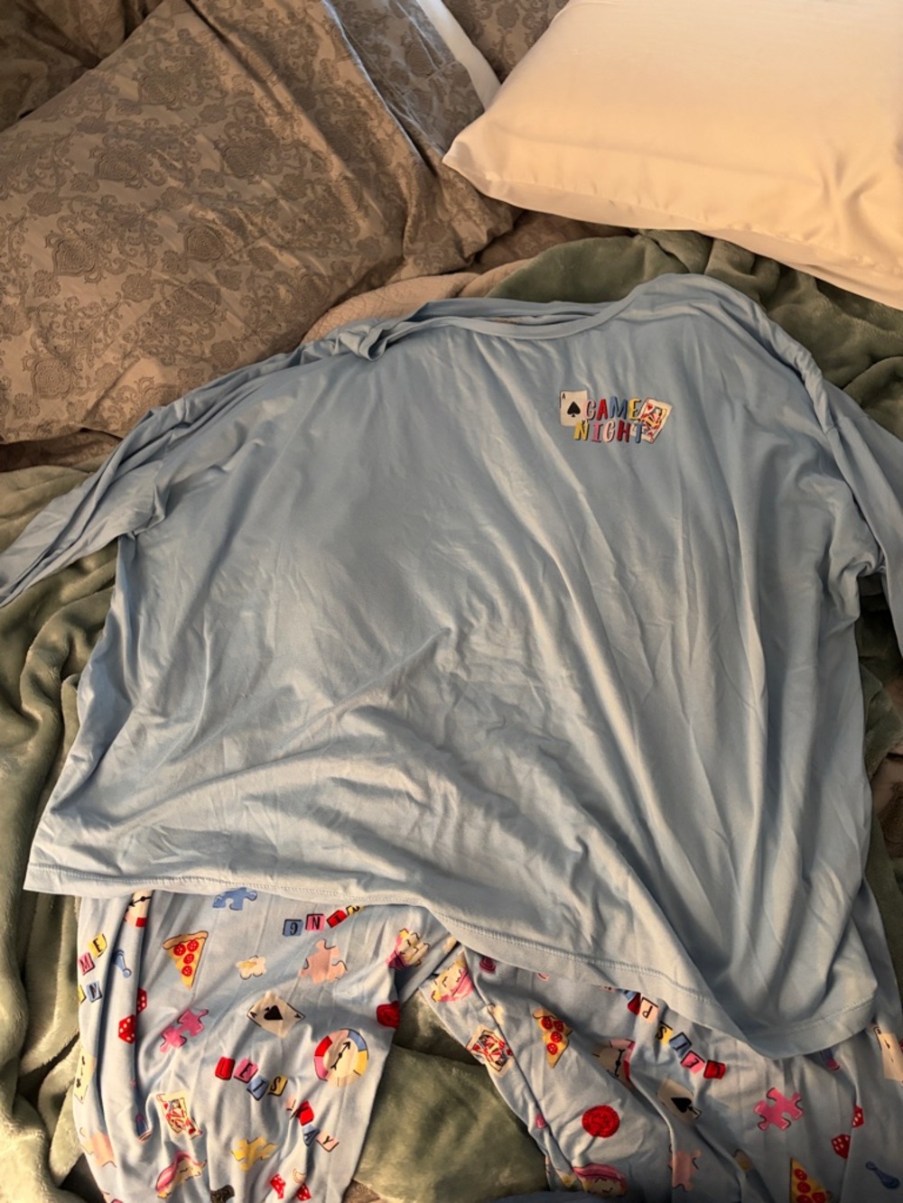 Women's Light Blue 'Game Night' Long-Sleeve Pajama Top and Printed Pants Set
